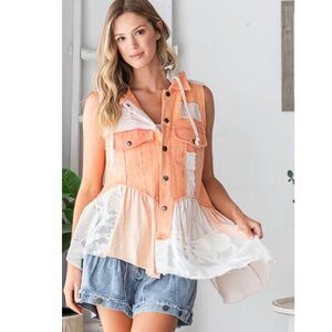 "The Patti" Orange Mix Media Ruffle Flare Hem Hooded Vest
